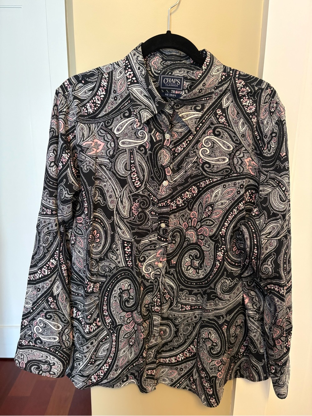 Chaps Black Paisley Button-Down Shirt with Pink & Gray Accents
